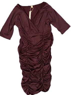 Ruched V-Neck Midi Dress in Burgundy by FOSTER